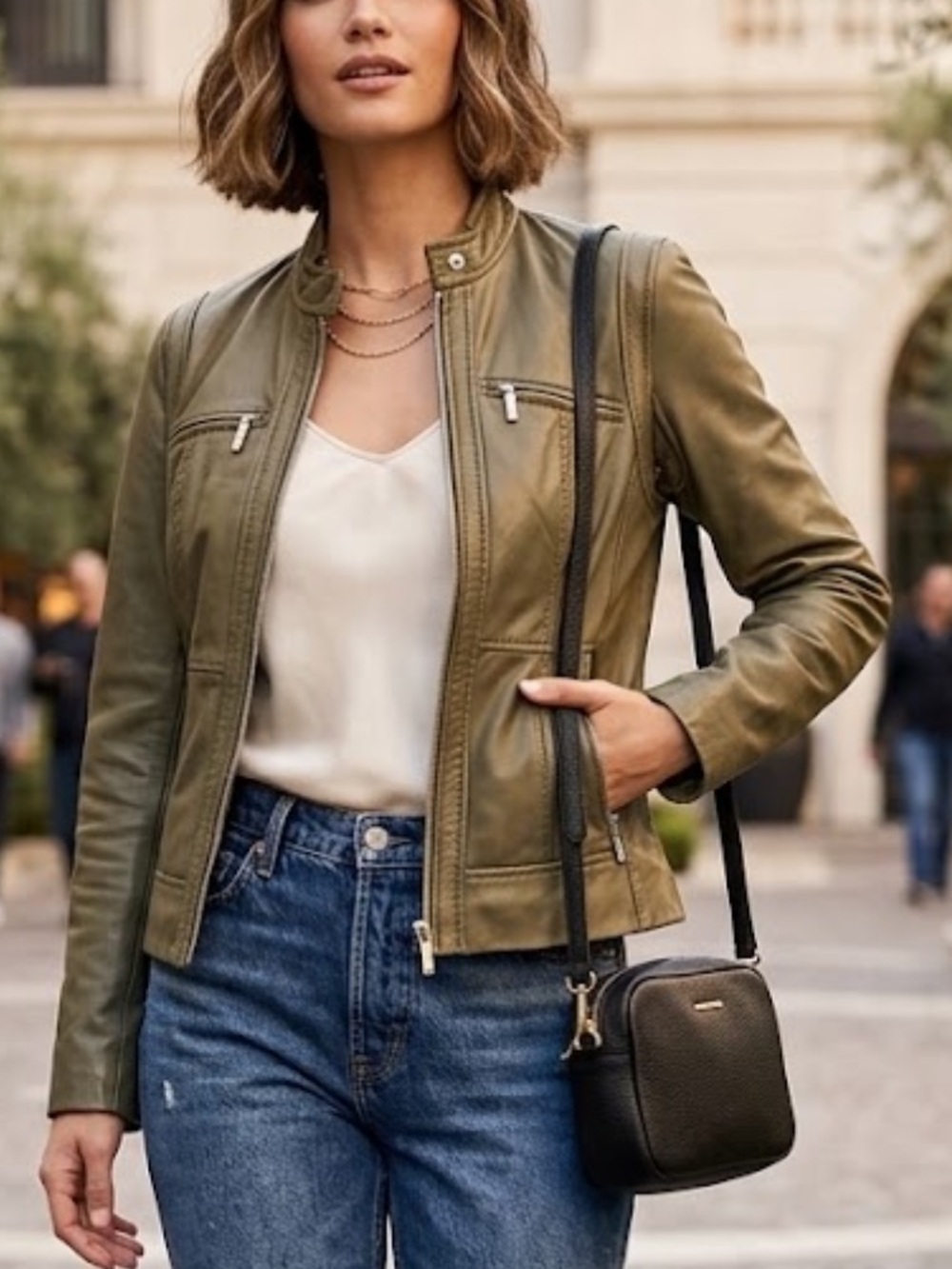 Michael Kors Olive Green Leather Motorcycle Jacket XS Sage Utility Edgy Biker XS